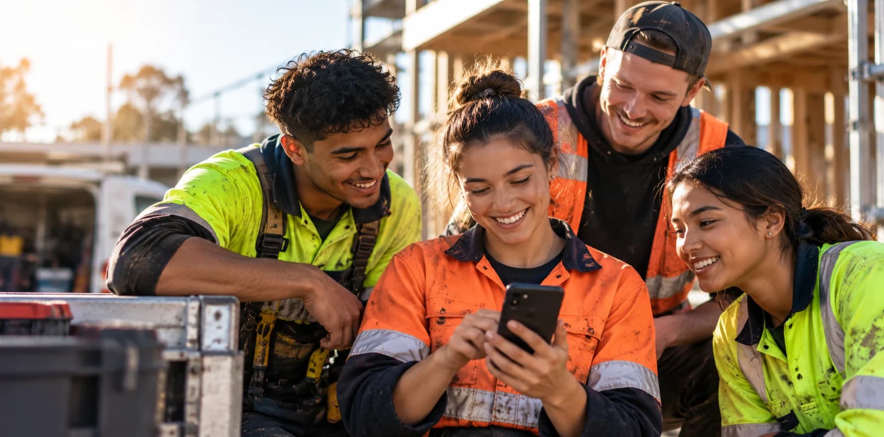 Four young apprentices in hi-vis on a building site, smiling at a phone together